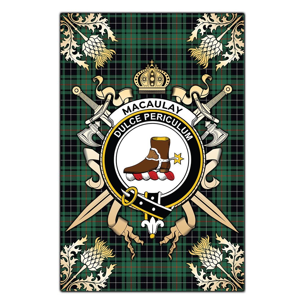MacAulay Hunting Ancient Tartan Crest Black Garden Flag - Gold Thistle Style