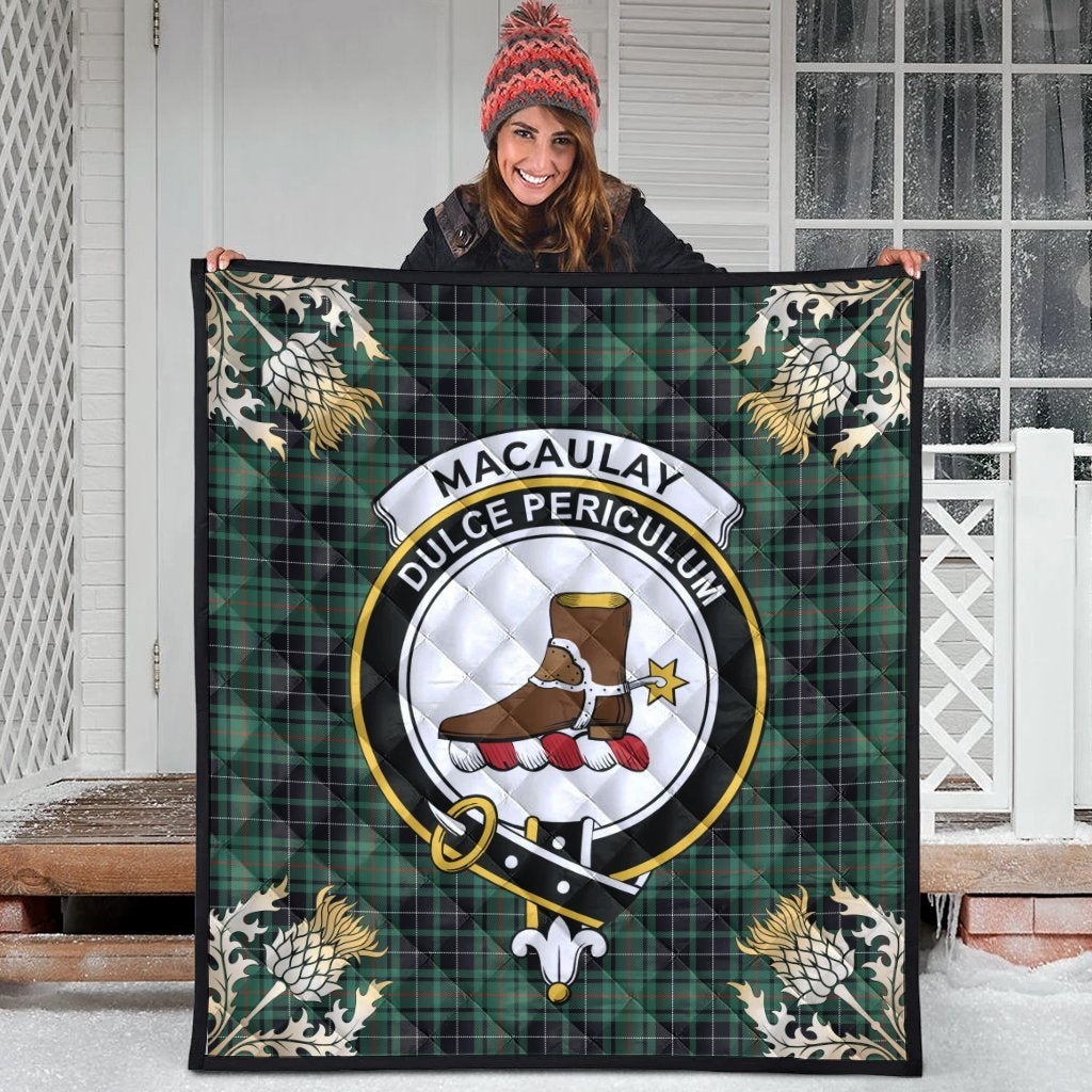 MacAulay Hunting Ancient Tartan Crest Premium Quilt - Gold Thistle Style
