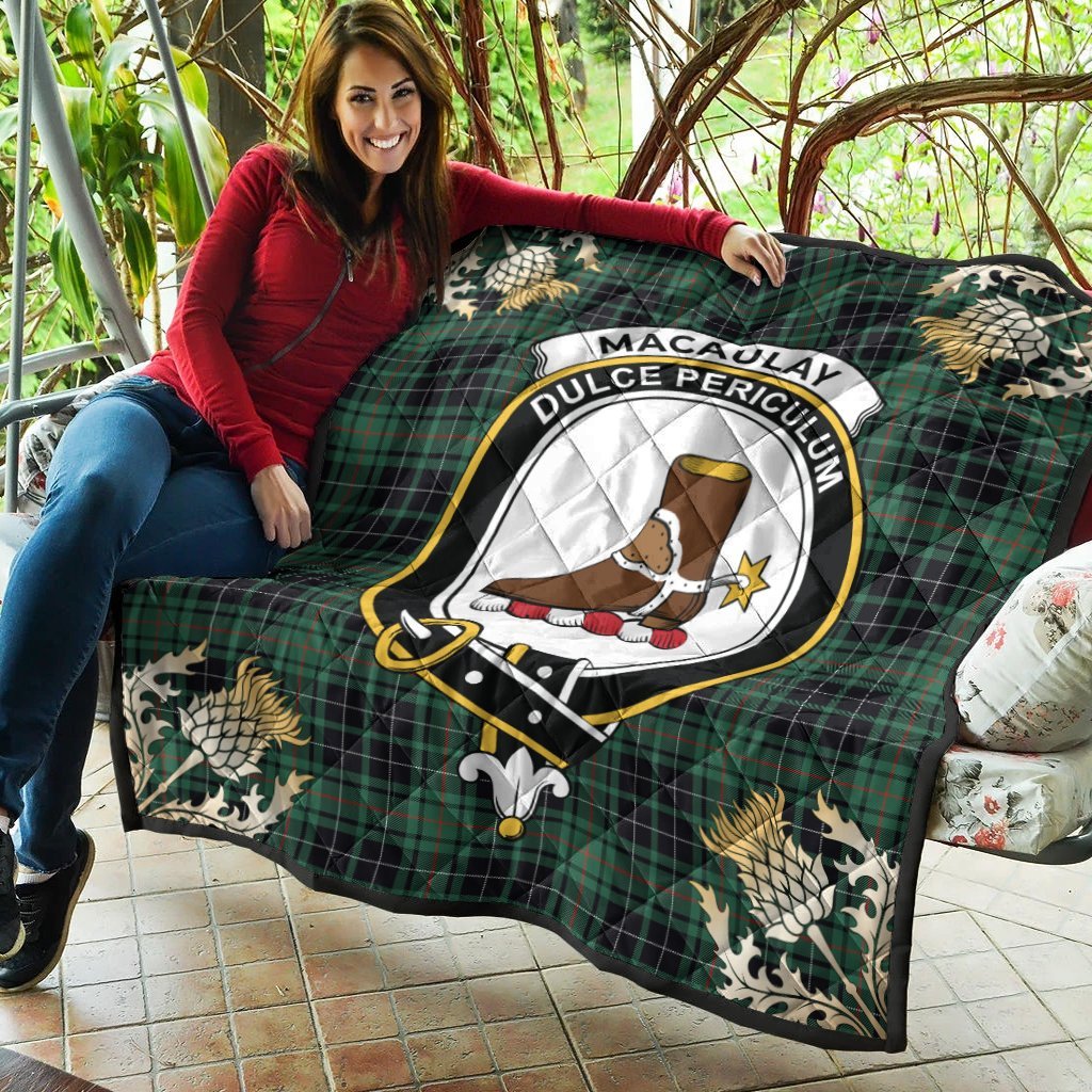 MacAulay Hunting Ancient Tartan Crest Premium Quilt - Gold Thistle Style