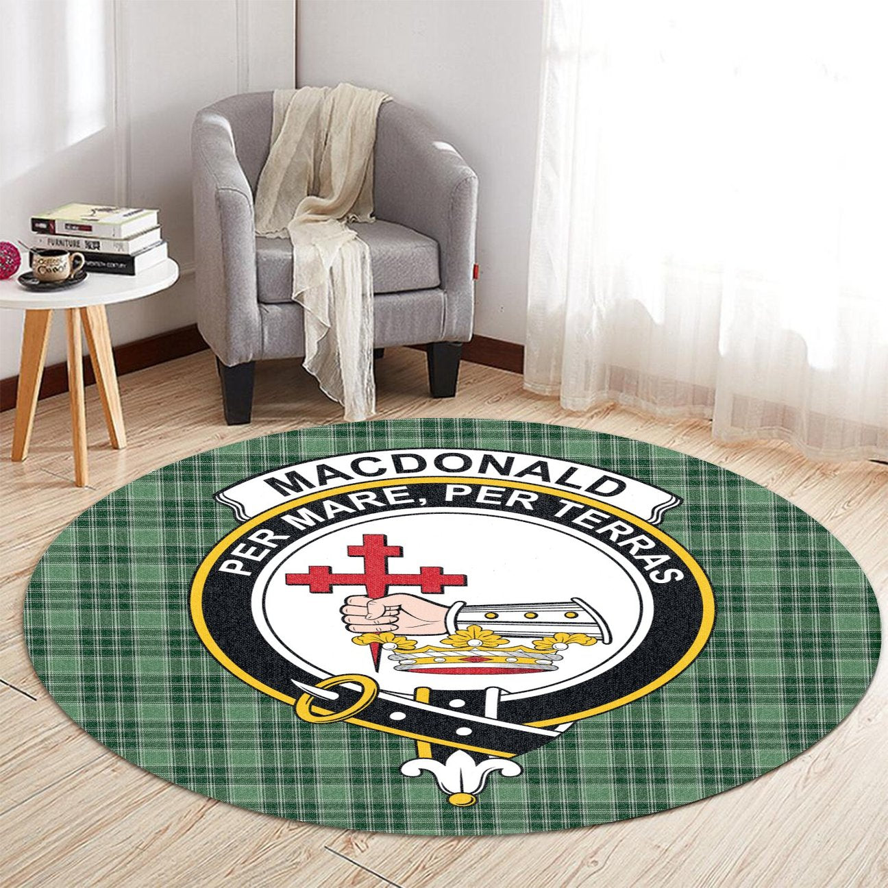 MacDonald Lord of the Isles Hunting Tartan Crest Round Rug