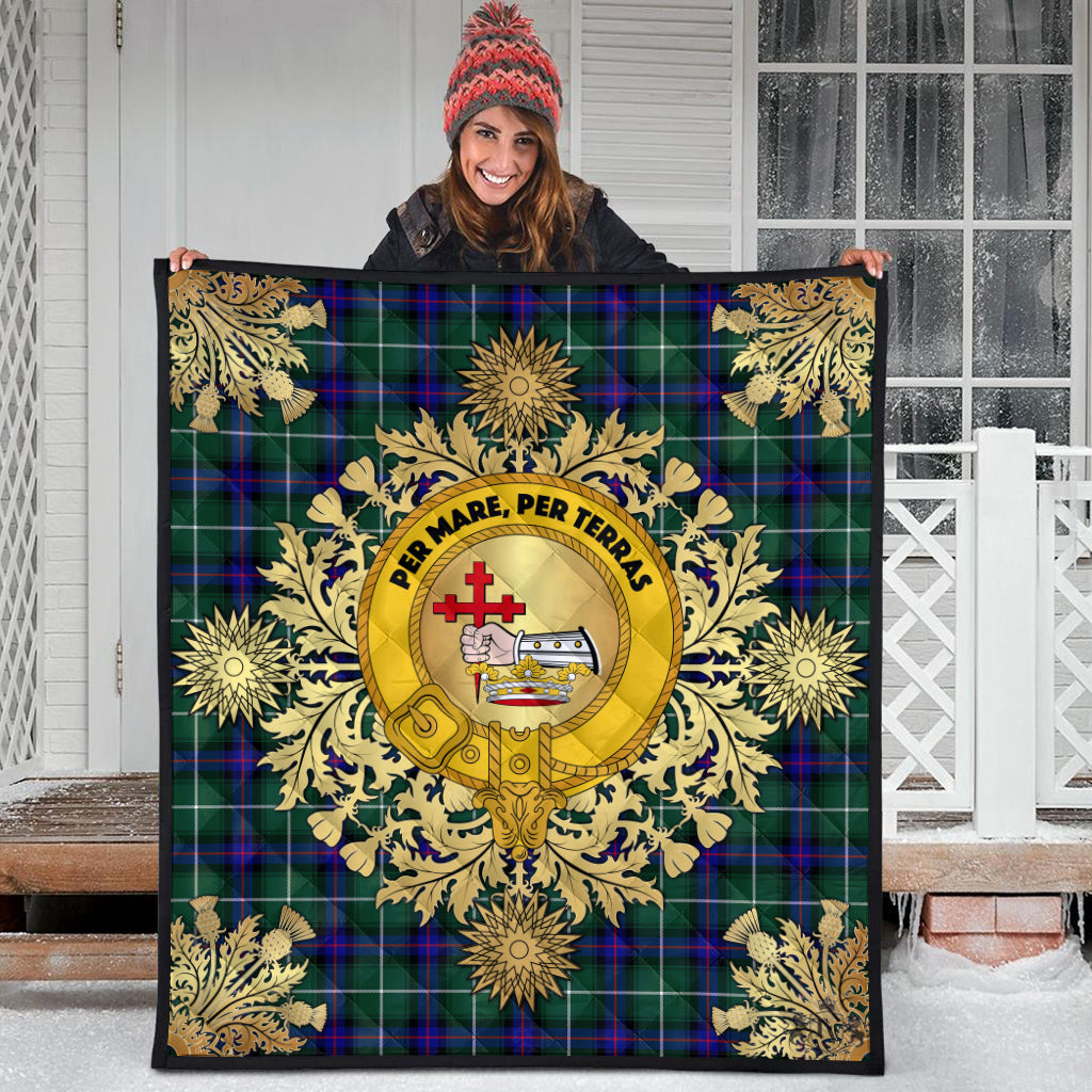 MacDonald of the Isles Hunting Modern Tartan Crest Premium Quilt - Gold Thistle Style