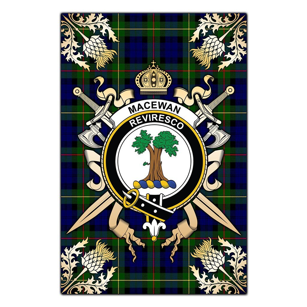 MacEwan Tartan Crest Black Garden Flag - Gold Thistle Style