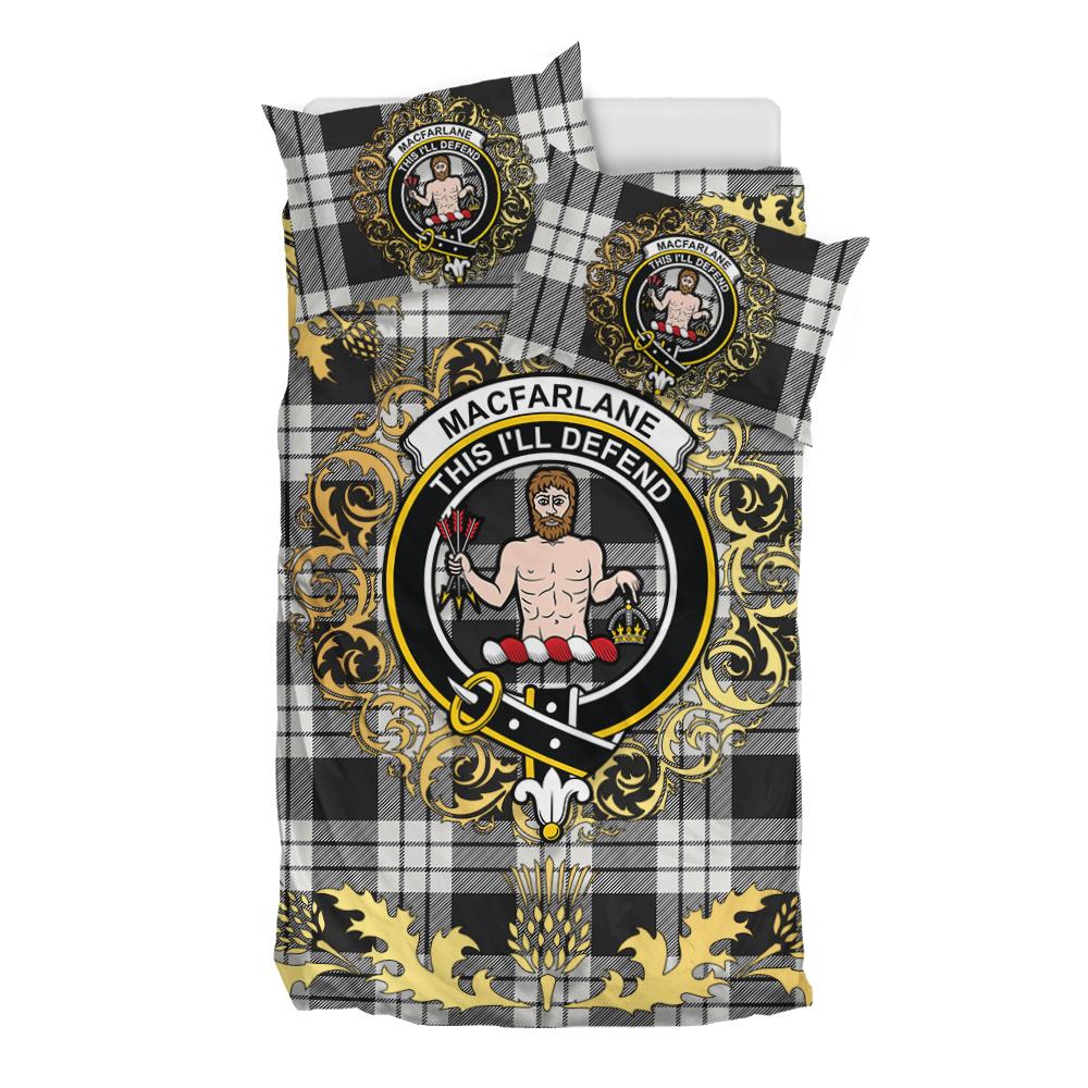 MacFarlane Black White Ancient Tartan Crest Bedding Set - Golden Thistle Style
