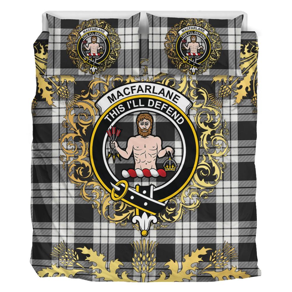 MacFarlane Black White Ancient Tartan Crest Bedding Set - Golden Thistle Style