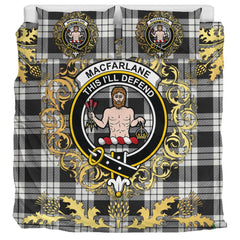 MacFarlane Black White Ancient Tartan Crest Bedding Set - Golden Thistle Style