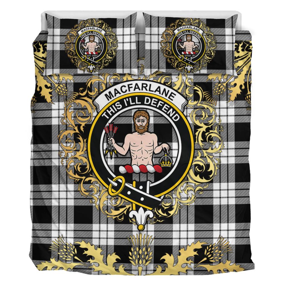MacFarlane Black White Tartan Crest Bedding Set - Golden Thistle Style