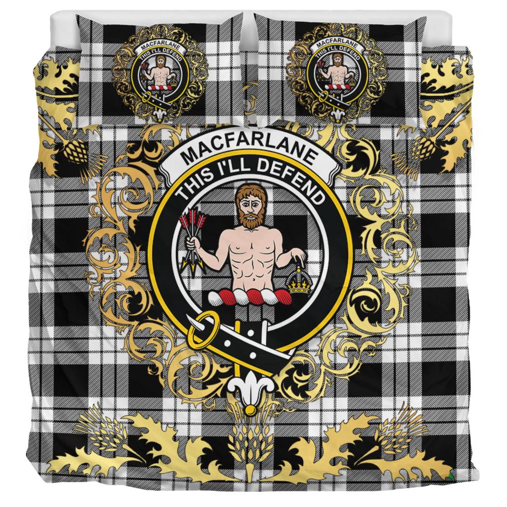 MacFarlane Black White Tartan Crest Bedding Set - Golden Thistle Style