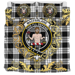 MacFarlane Black White Tartan Crest Bedding Set - Golden Thistle Style