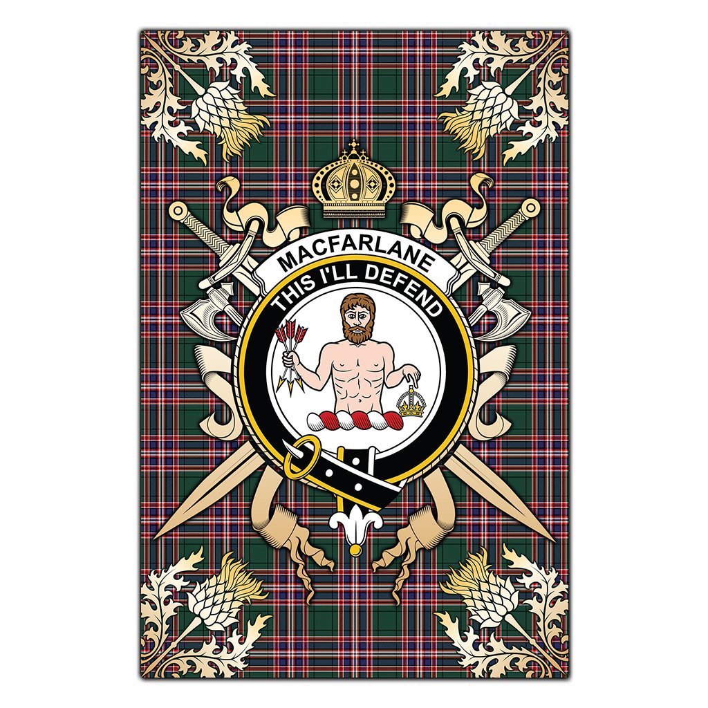 MacFarlane Hunting Modern Tartan Crest Black Garden Flag - Gold Thistle Style
