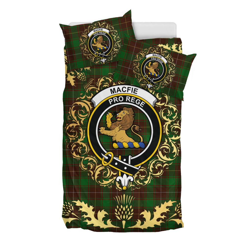 MacFie Hunting Tartan Crest Bedding Set - Golden Thistle Style