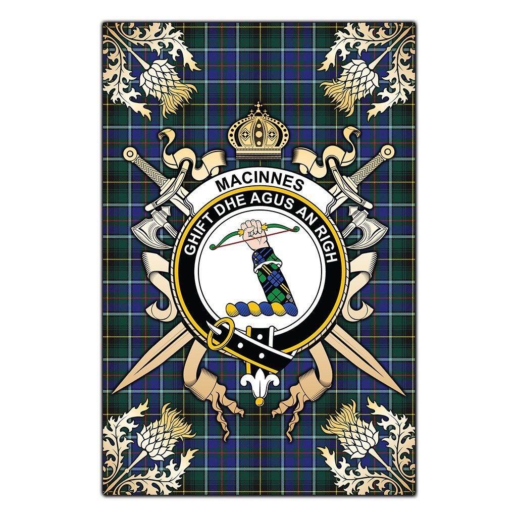 MacInnes Modern Tartan Crest Black Garden Flag - Gold Thistle Style