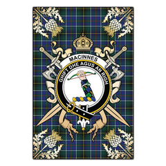 MacInnes Modern Tartan Crest Black Garden Flag - Gold Thistle Style