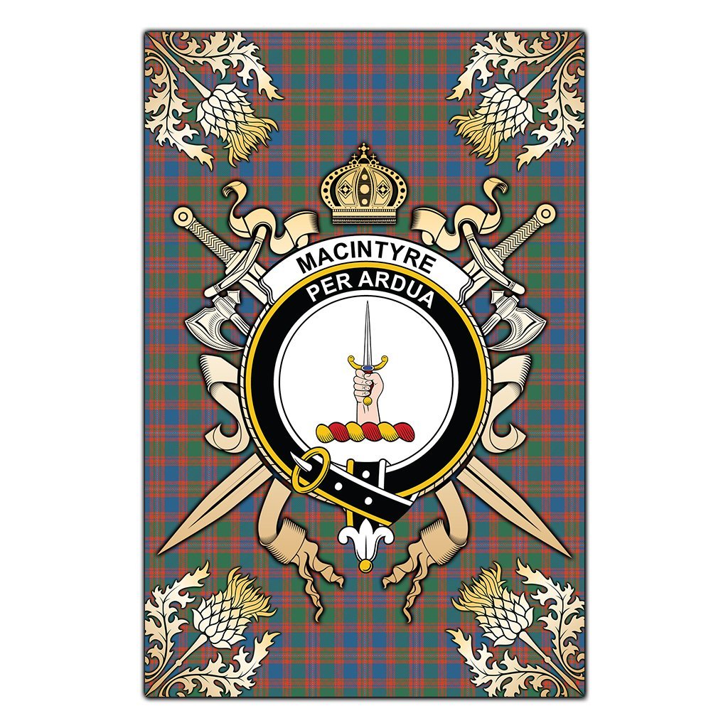 MacIntyre Ancient Tartan Crest Black Garden Flag - Gold Thistle Style