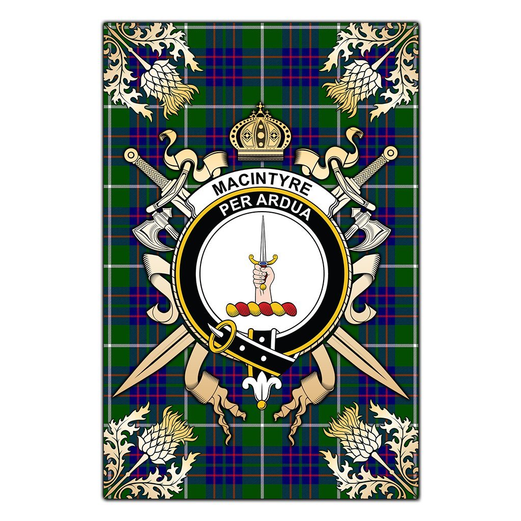MacIntyre Hunting Modern Tartan Crest Black Garden Flag - Gold Thistle Style