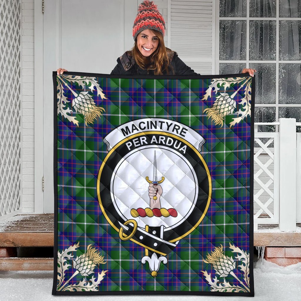 MacIntyre Hunting Modern Tartan Crest Premium Quilt - Gold Thistle Style