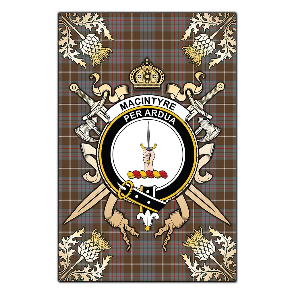 MacIntyre Hunting Weathered Tartan Crest Black Garden Flag - Gold Thistle Style