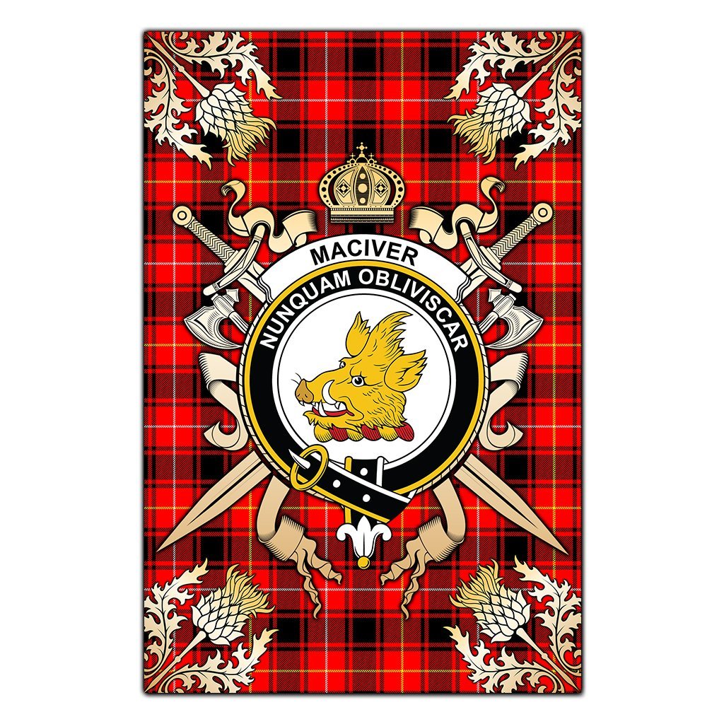MacIver Modern Tartan Crest Black Garden Flag - Gold Thistle Style