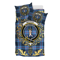MacKay Blue Tartan Crest Bedding Set - Golden Thistle Style