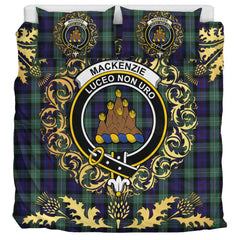 MacKenzie Hunting Green Tartan Crest Bedding Set - Golden Thistle Style