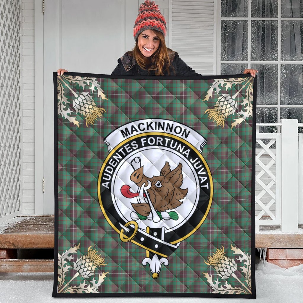 MacKinnon Hunting Ancient Tartan Crest Premium Quilt - Gold Thistle Style