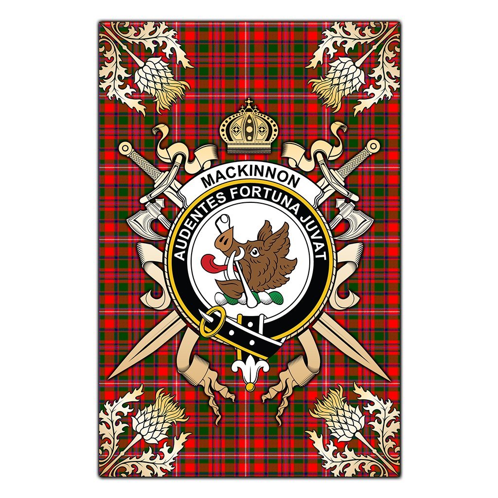 MacKinnon Modern Tartan Crest Black Garden Flag - Gold Thistle Style