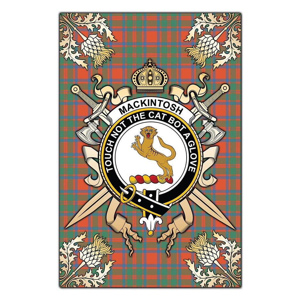 MacKintosh Ancient Tartan Crest Black Garden Flag - Gold Thistle Style