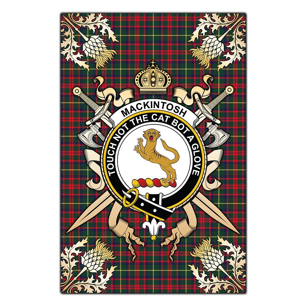 MacKintosh Hunting Modern Tartan Crest Black Garden Flag - Gold Thistle Style