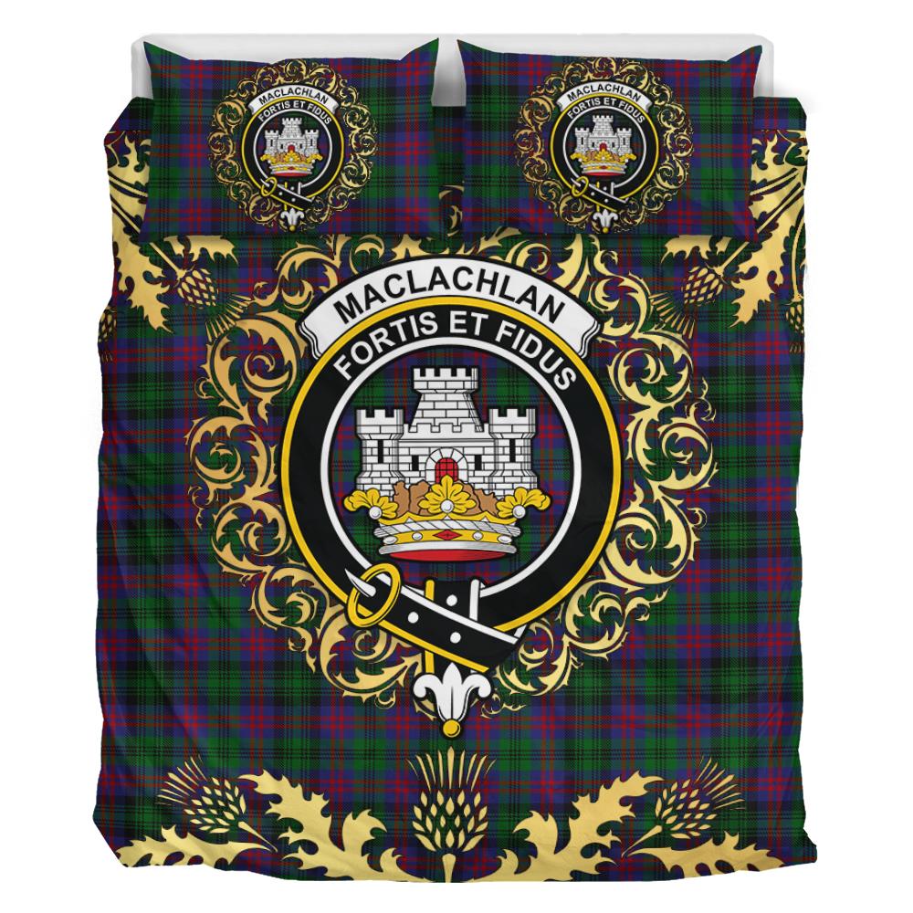 MacLachlan Hunting Tartan Crest Bedding Set - Golden Thistle Style