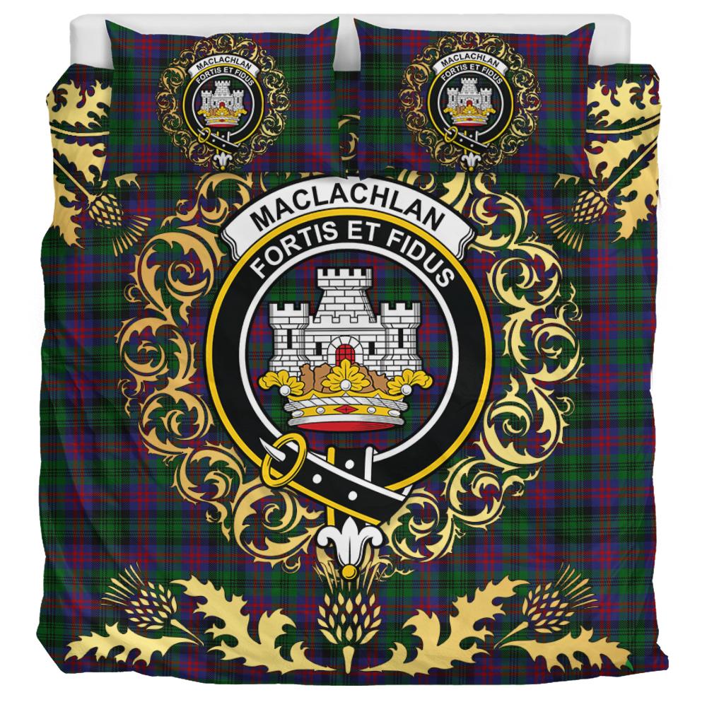 MacLachlan Hunting Tartan Crest Bedding Set - Golden Thistle Style