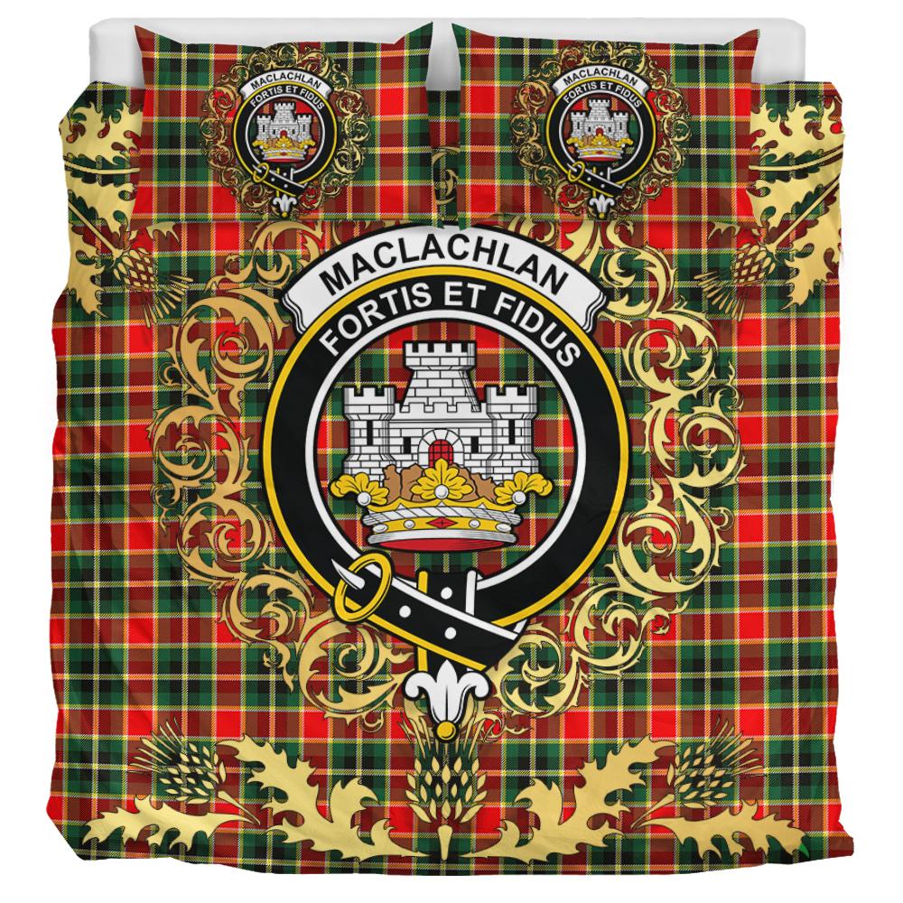 MacLachlan Hunting Modern Tartan Crest Bedding Set - Golden Thistle Style