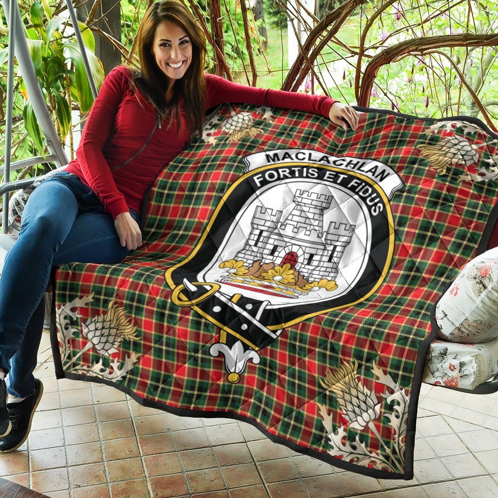 MacLachlan Hunting Modern Tartan Crest Premium Quilt - Gold Thistle Style