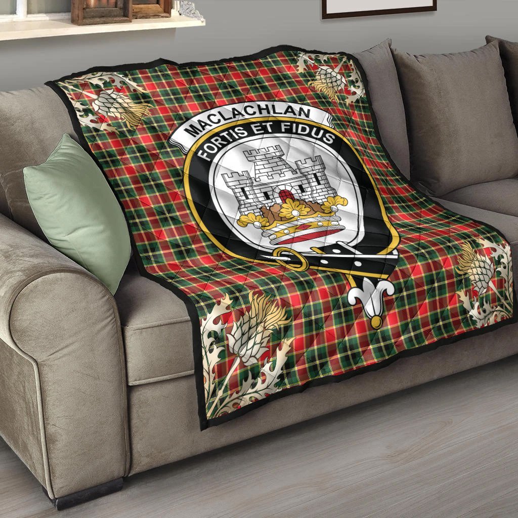 MacLachlan Hunting Modern Tartan Crest Premium Quilt - Gold Thistle Style