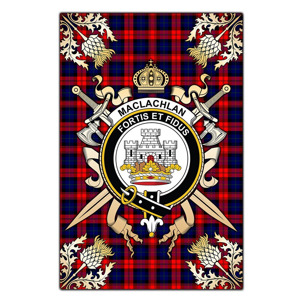 MacLachlan Modern Tartan Crest Black Garden Flag - Gold Thistle Style