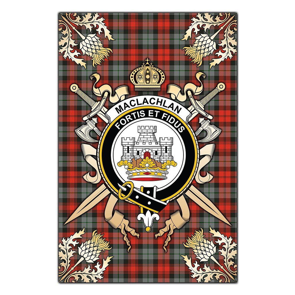 MacLachlan Weathered Tartan Crest Black Garden Flag - Gold Thistle Style