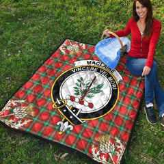 MacLaine of Loch Buie Tartan Crest Premium Quilt - Gold Thistle Style
