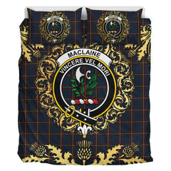 MacLaine of Lochbuie Hunting Tartan Crest Bedding Set - Golden Thistle Style