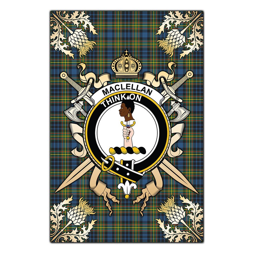 MacLellan Ancient Tartan Crest Black Garden Flag - Gold Thistle Style