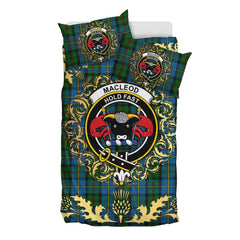 MacLeod Green Tartan Crest Bedding Set - Golden Thistle Style