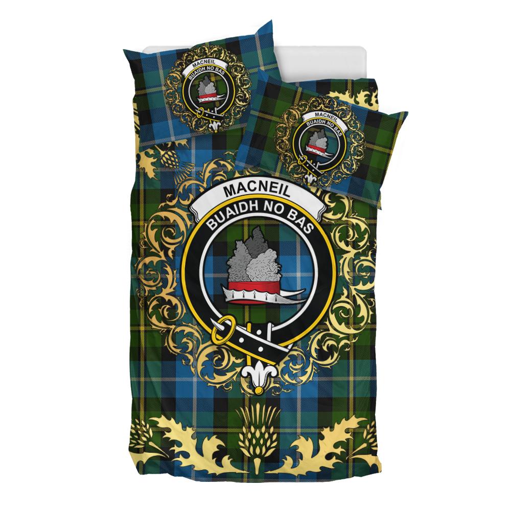 MacNeil of Barra Tartan Crest Bedding Set - Golden Thistle Style