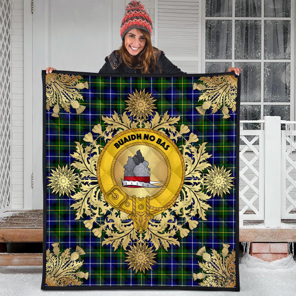 MacNeil Of Barra Modern Tartan Crest Premium Quilt - Gold Thistle Style