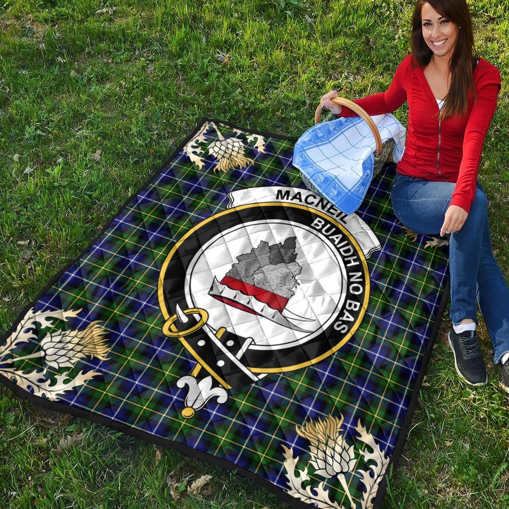 MacNeil of Barra Modern Tartan Crest Premium Quilt - Gold Thistle Style