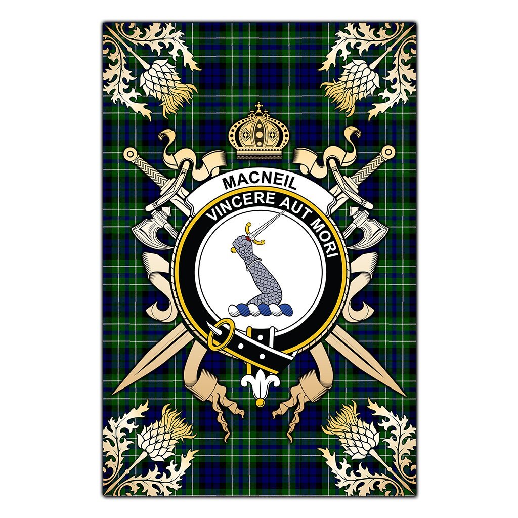 MacNeil of Colonsay Modern Tartan Crest Black Garden Flag - Gold Thistle Style