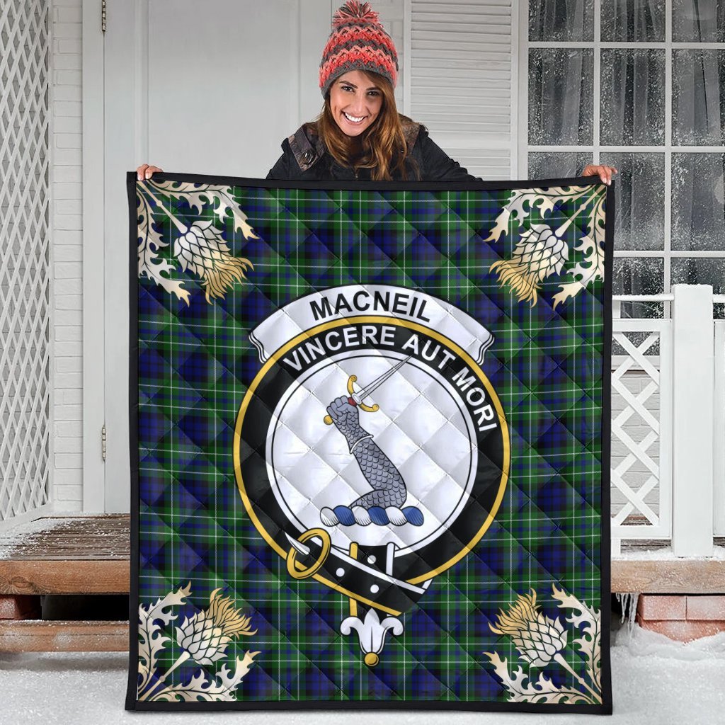 MacNeil of Colonsay Modern Tartan Crest Premium Quilt - Gold Thistle Style
