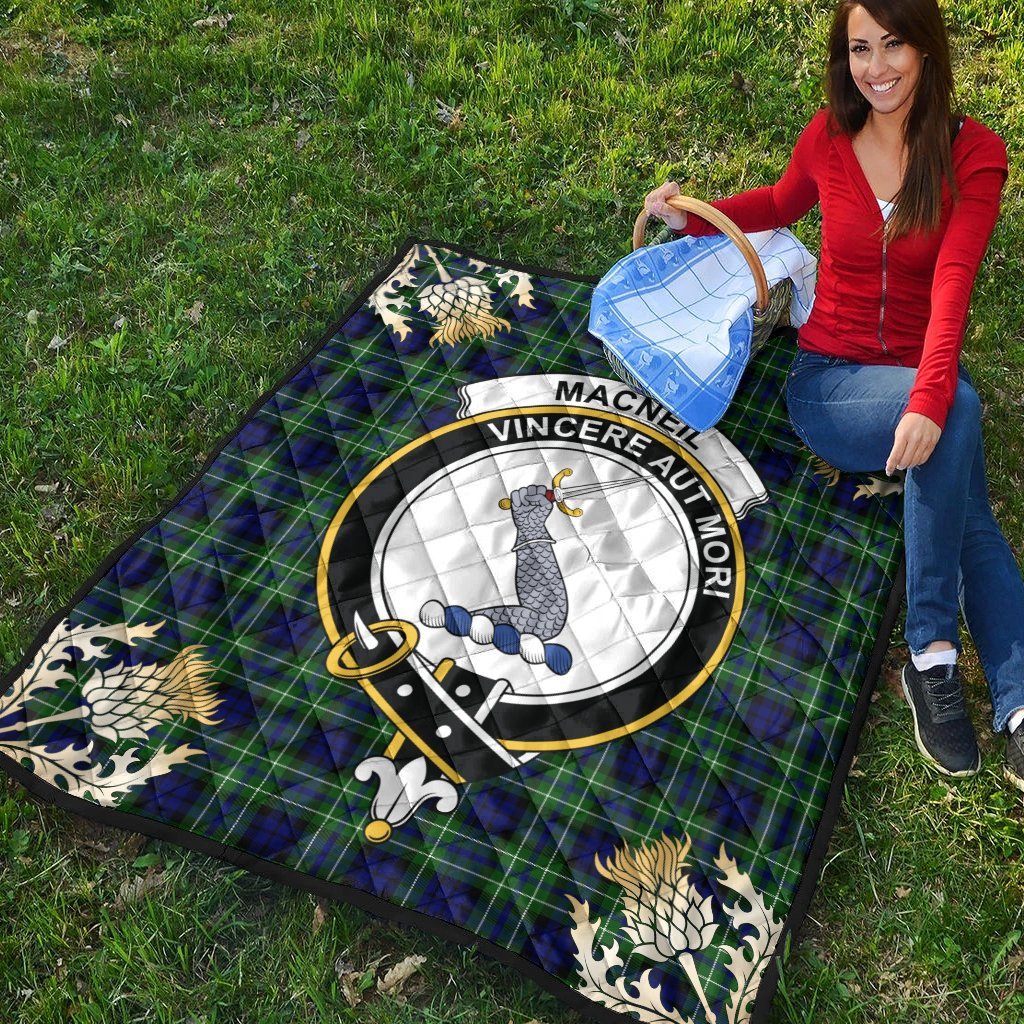 MacNeil of Colonsay Modern Tartan Crest Premium Quilt - Gold Thistle Style