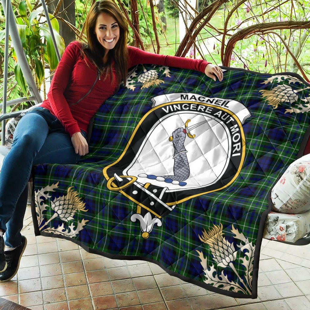 MacNeil of Colonsay Modern Tartan Crest Premium Quilt - Gold Thistle Style