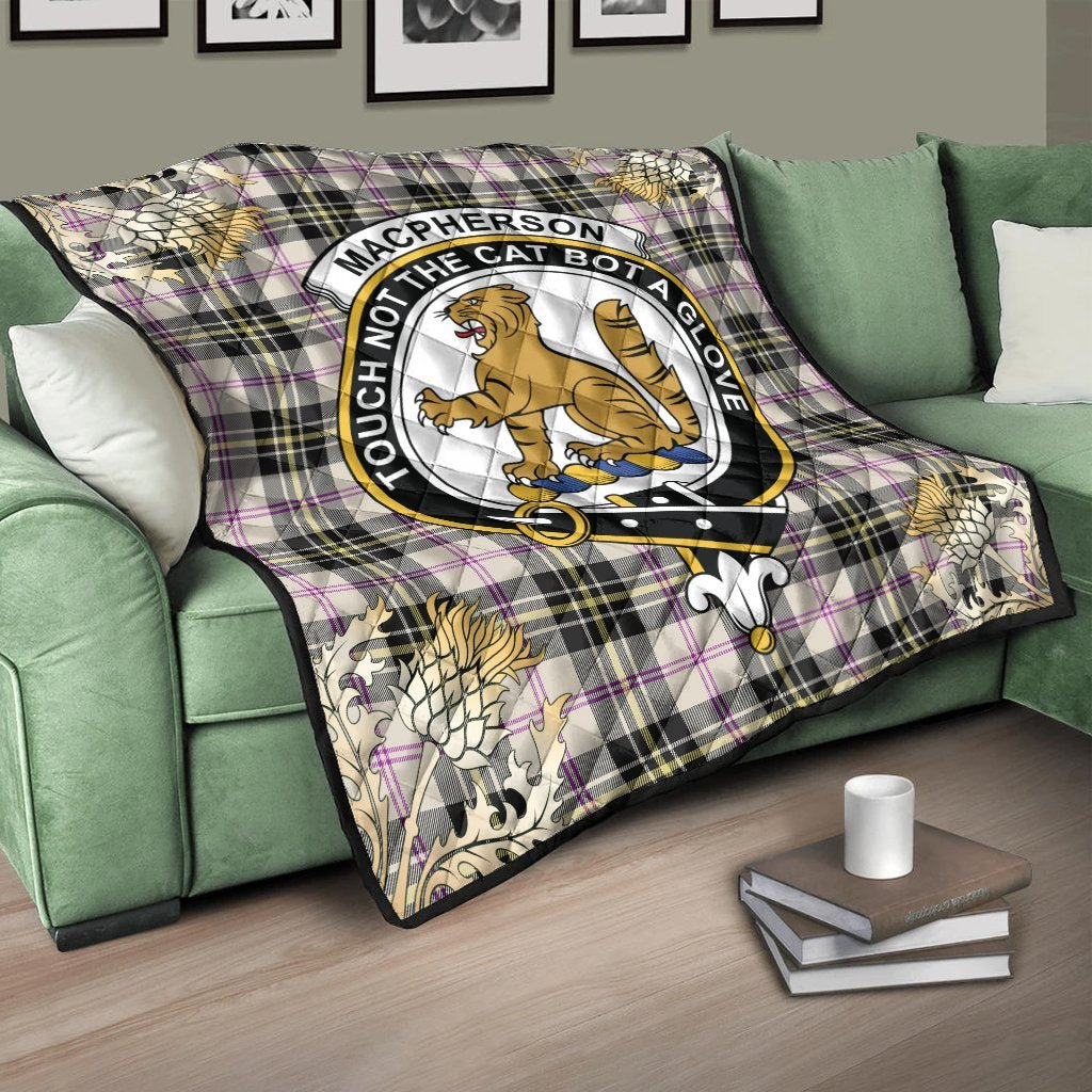 MacPherson Dress Ancient Tartan Crest Premium Quilt - Gold Thistle Style