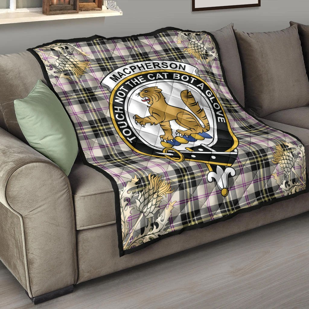 MacPherson Dress Ancient Tartan Crest Premium Quilt - Gold Thistle Style