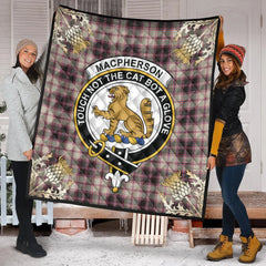 MacPherson Hunting Ancient Tartan Crest Premium Quilt - Gold Thistle Style