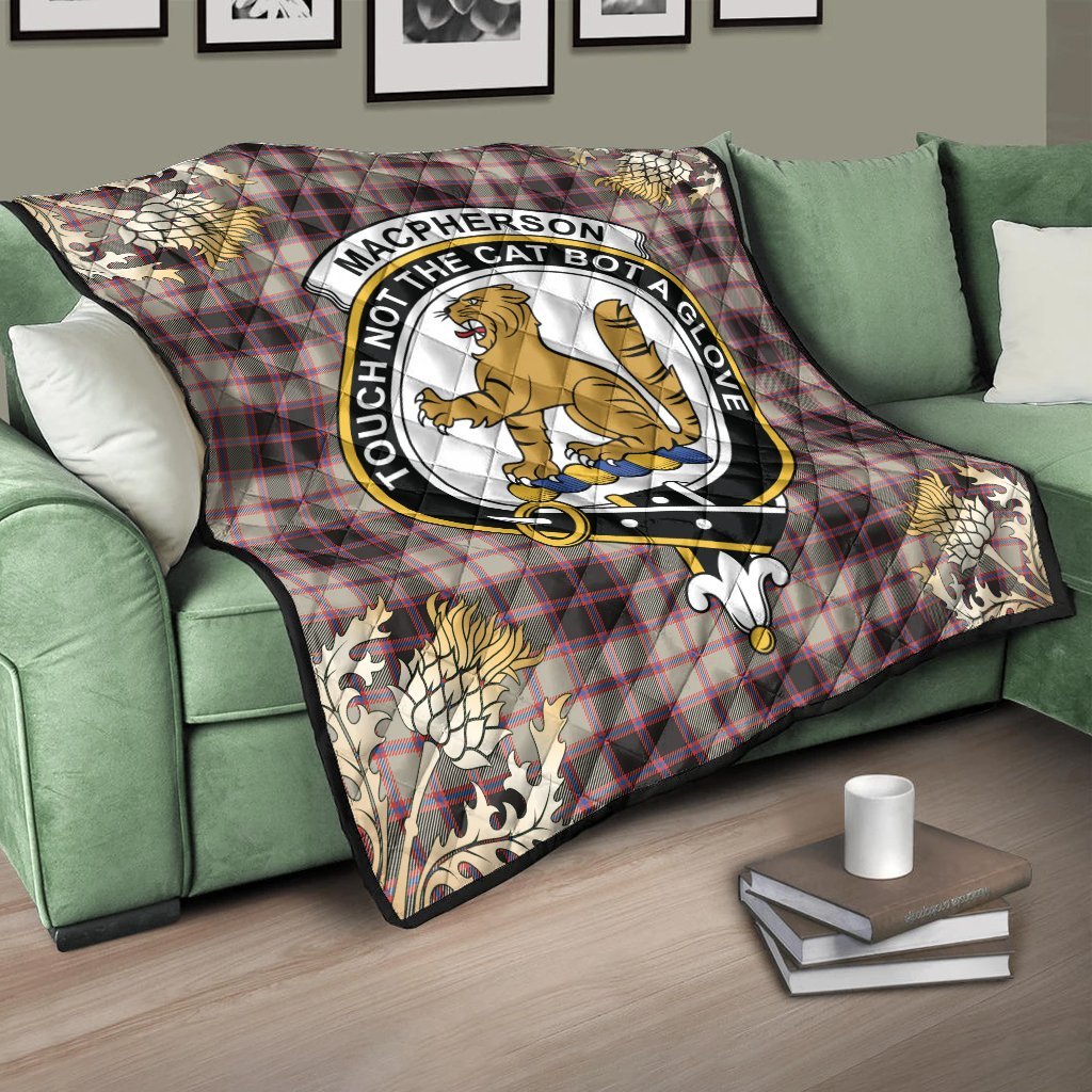MacPherson Hunting Ancient Tartan Crest Premium Quilt - Gold Thistle Style