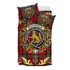MacPherson Red Cluny Tartan Crest Bedding Set - Golden Thistle Style